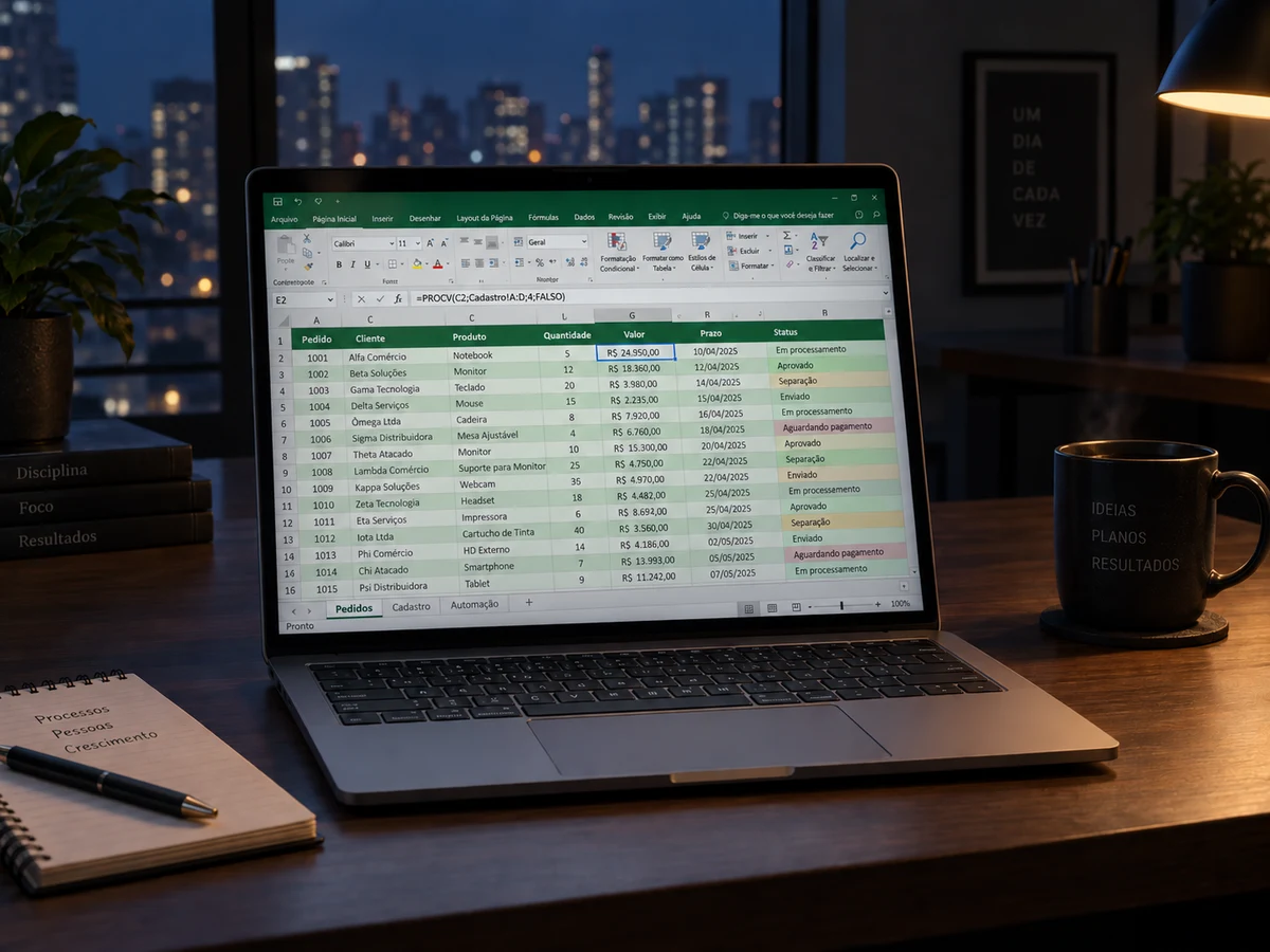 Escritório à noite com notebook exibindo uma planilha de automação no Excel
